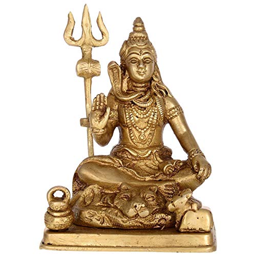 Brass Lord Shiva statue seated with trident, Nandi at base, 4.5 in height