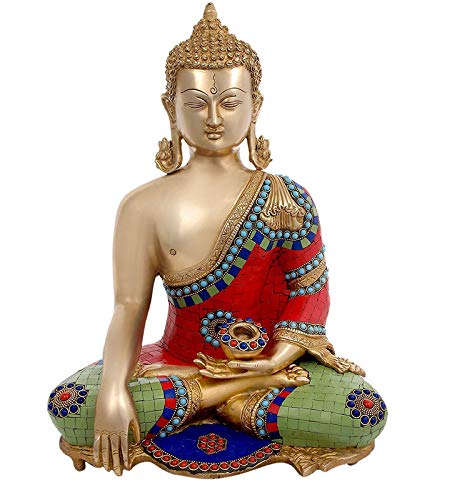 Brass Buddha in Bhumisparsha Mudra Idol (Height: 16inches) Study Setting