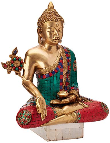 Brass Lord Buddha decorative idol, seated cross-legged with multicolor robe and raised hand