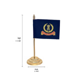 Desk flag dimensions: 11.5 in height, 6 in width; navy emblem on gold base