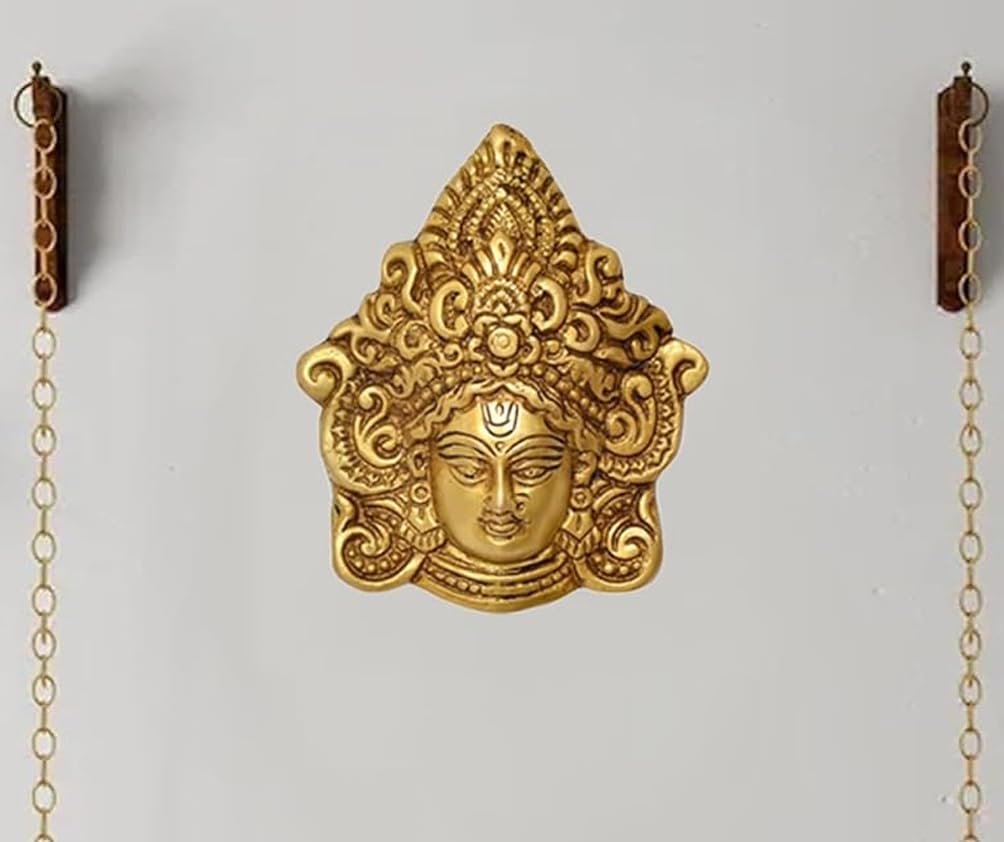 Brass Maa Durga face idol wall hanging, ornate crown, front view, gold tone