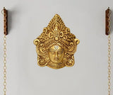 Brass Maa Durga face idol wall hanging, ornate crown, front view, gold tone