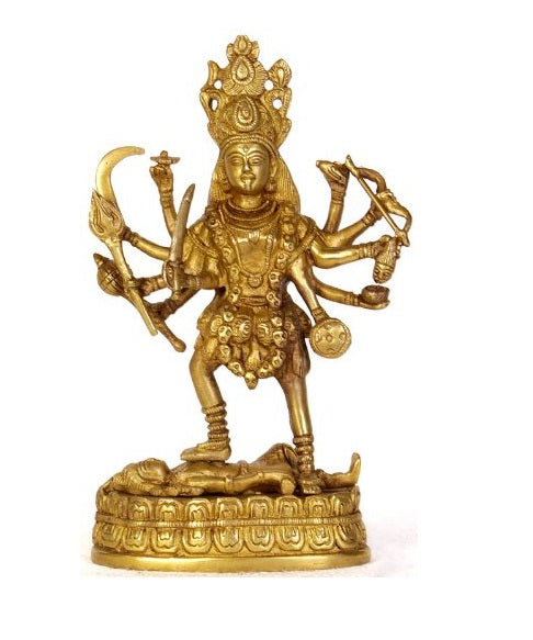 Maa Kali Statue Murti Idol, gold-tone multi-armed figure with sword and ornaments