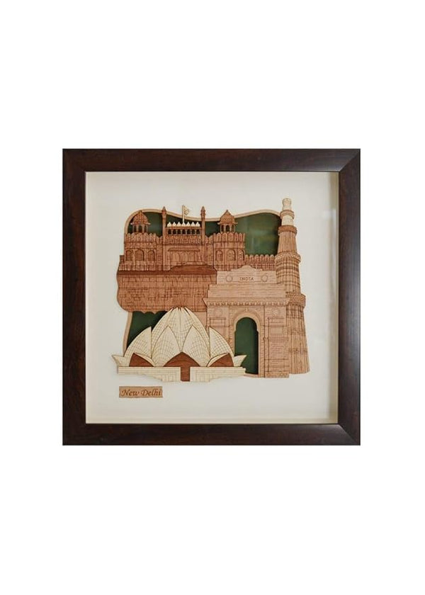 Wooden Art Work New Delhi Famous Tourist Places Frame Wall Decor 8 x 8 Inch Mandir Setting