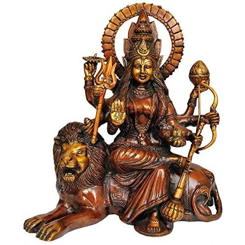 Maa Durga Standing On Lion Decorative Idol Statue - (Brass, Height 12.5")