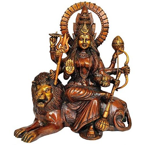 Brass Maa Durga decorative idol statue, standing on lion with trident and sword
