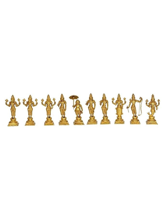 Brass Dashavatar idol set—10 brass figures, each 9 in, full lineup