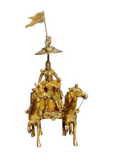 Brass chariot figurine: Krishna and Arjun seated with two horses, tall banner