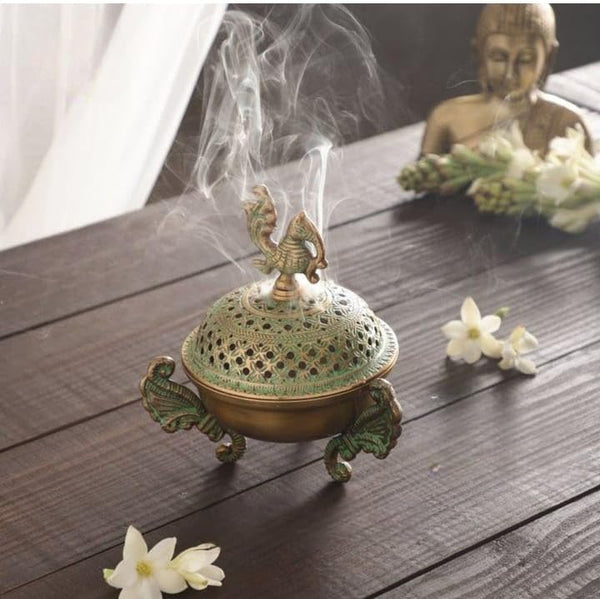 Handcrafted Brass Loban Dhoop Dani with Peacock (Green) (Height: 5 inches) Mandir Setting