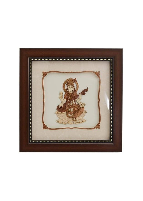 Wooden Art Saraswati Maa Frame Idol Wall Decor (Height: 8 Inches) Entryway Setting