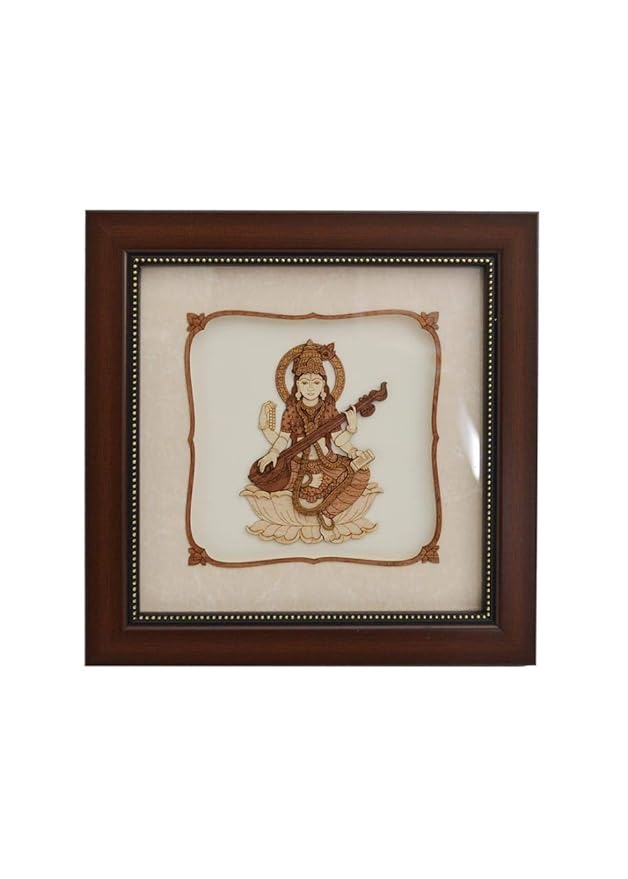 Wooden Art Saraswati Maa Frame Idol Wall Decor (Height: 8 Inches)