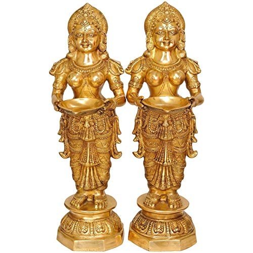 Brass Deepalakshmi statues pair, standing with hands in prayer, 36 in home decor