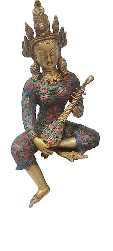 Saraswati Maa Brass Idol, Hindu Goddess Saraswati MATA murti for Pooja (Height: 15 Inches) (Multicolor)