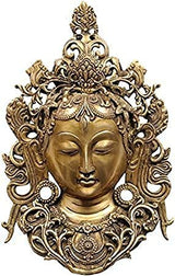 Tara brass mask wall hanging, closed eyes, scrolling filigree and earrings