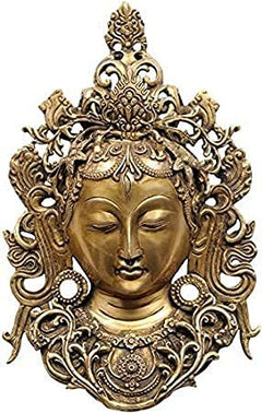 Tara brass mask wall hanging, closed eyes, scrolling filigree and earrings
