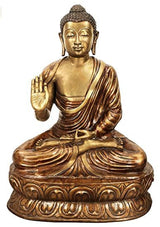 Brass Buddha statue seated, right hand raised in blessing, meditating on base.