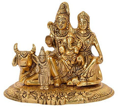 Gold-tone Shiva Parivar metal idol with seated figures and bull on ornate base