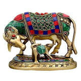 Brass cow and calf idol, front view, colorful beaded panel and carved ornaments