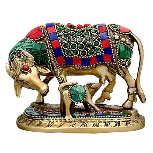 Brass Kamdhenu Cow and Calf Carving Om and Swastik Idol for Vastu, Mandir and Home Decor Height 5 Inch