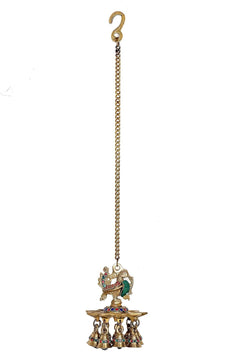 Single brass hanging peacock diya with chain and multi-bell base, colorful enamel detailing