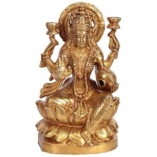 Brass Maa Lakshmi figurine seated on lotus, four arms holding items, 16"