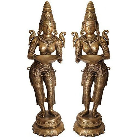 Brass Pair of Deepalakshmi Statues (Height 43.6 inches)