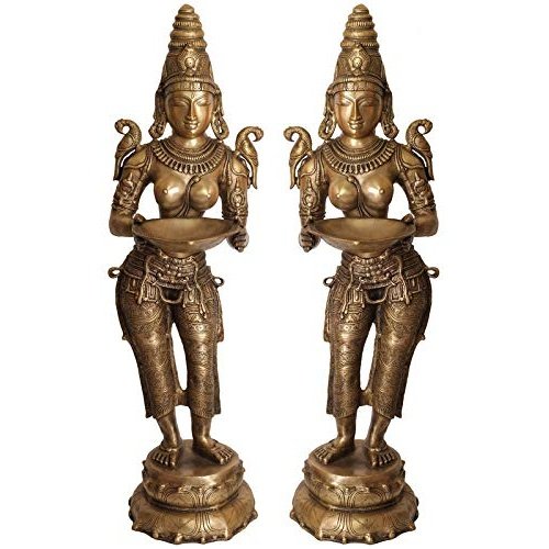 Brass Deepalakshmi statue pair, twin standing figures with jeweled torso and ornate arms