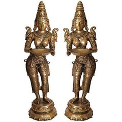 Brass Deepalakshmi statue pair, twin standing figures with jeweled torso and ornate arms