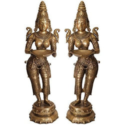 Brass Pair of Deepalakshmi Statues, Height 43.6 inches I Home Decor