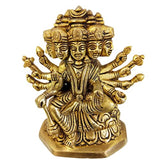 Brass Gayatri Mata statue, angled front view; ornate crown, layered jewelry, eight arms
