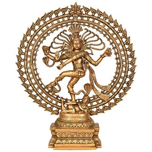 Large golden Nataraja brass statue, 28 in tall, dancer with circular halo and base
