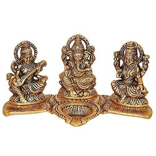 Ganesha Lakshmi and Saraswati Idol Sculpture Seated On Banana Leaf Throne Golden Height 11 Cm Width 20.0 cm Mandir Setting