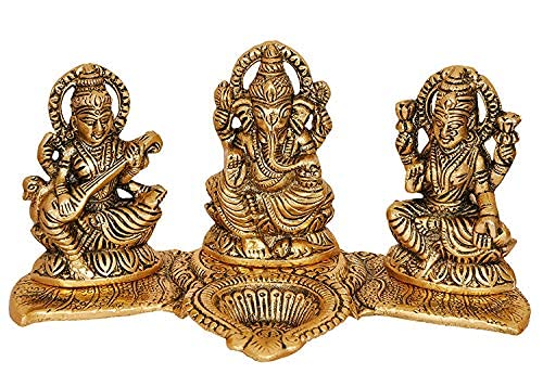 Ganesha Lakshmi and Saraswati Idol Sculpture Seated On Banana Leaf Throne Golden Height 11 Cm Width 20.0 cm