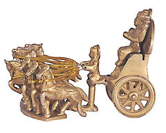 Brass Surya dev rath idol side view: chariot wheel, horses and seated rider