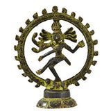 Brass Natraj statue idol with circular halo and dancing Shiva figure, 7 in