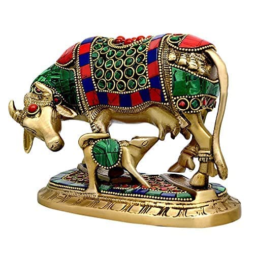 Dattatreya Brass Kamdhenu Cow and Calf Carving Om and Swastik Idol for Vastu, Mandir and Home Decor Height 5 Inch