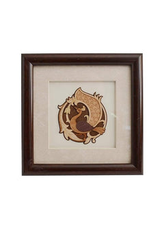 8 x 8 wooden art work with peacock motif inside a dark brown square frame