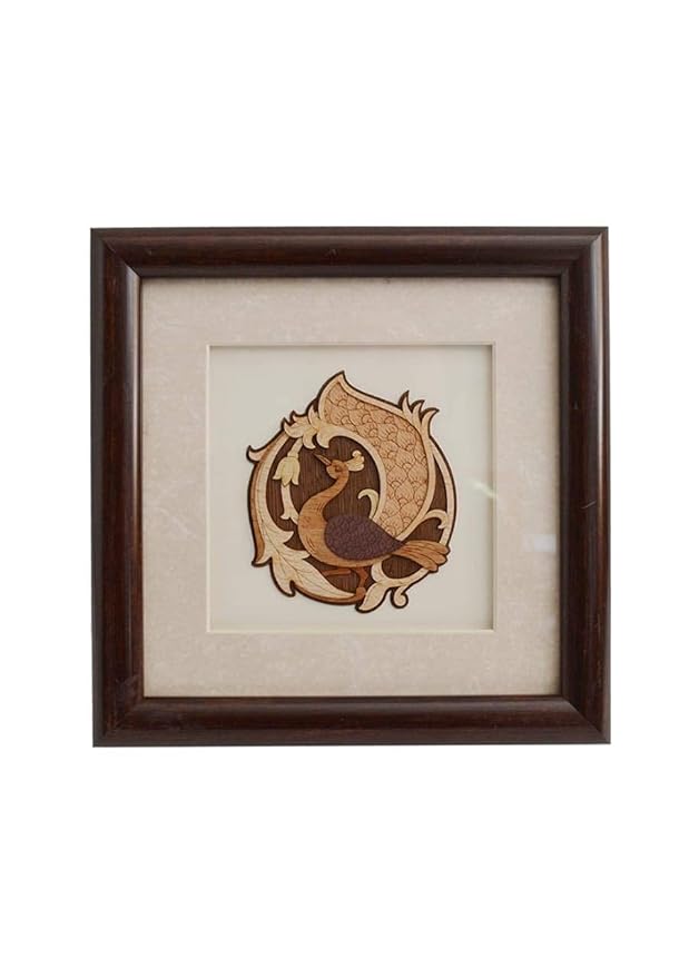 Wooden Art Work Peacock Frame Wall Decor 8 x 8 Inch Craft Detail