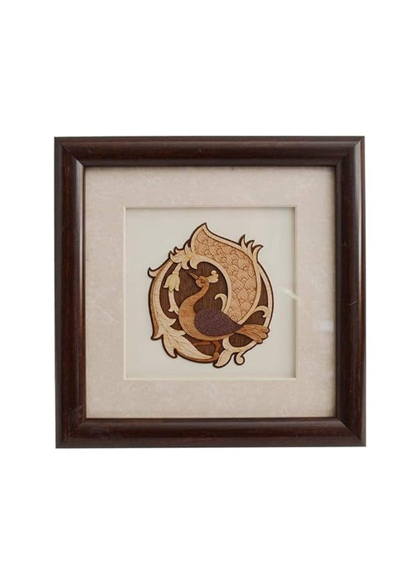 Wooden Art Work Peacock Frame Wall Decor 8 x 8 Inch Mandir Setting
