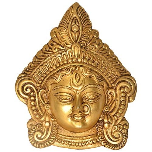 Maa Durga Decorative Wall Hanging Mask Statue - (Brass, Height 7")