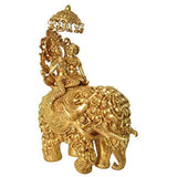Brass Radha and Krishna seated on elephant, front view, textured jewelry relief