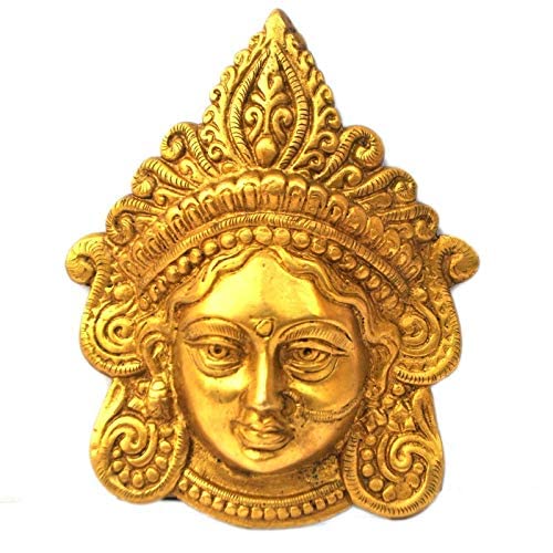Goddess Maa Durga brass mask wall hanging, ornate crown and calm face
