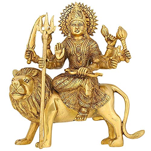 India Brass Goddess Ambaji/Ma Durga Sitting Idol Statues (28.2 x 15.9 x 30 cm, Gold)