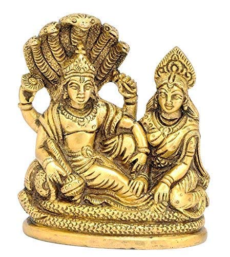 Maa Lakshmi and Lord Vishnu Idol Statue - (Brass, Height 4")