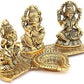 Ganesha Lakshmi and Saraswati Idol Sculpture Seated On Banana Leaf Throne Golden Height 11 Cm Width 20.0 cm