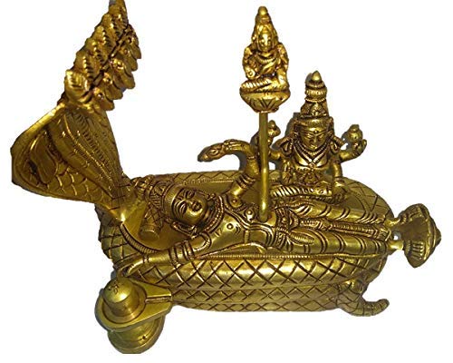 Anantha Padmanabha Idol (Anantha shayanem), Shri Lakshmi Narayan Idol, Maha Vishnu Padmanabhaswamy Brass Statue - 12.8 cm Height, 15.5 cm Length,Golden Color