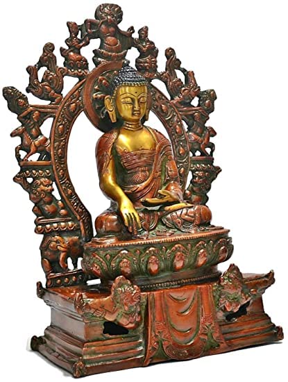 Brass Tibetan-style Buddha statue, Bhumisparsha mudra, 11 in, ornate halo