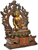 Brass Tibetan-style Buddha statue, Bhumisparsha mudra, 11 in, ornate halo