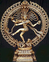 Brass Nataraja statue idol: raised-leg dancer with ornate circular halo