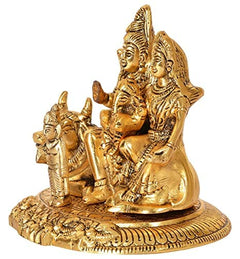 Gold-tone Shiva Parivar metal idol, seated family with bull, round engraved base